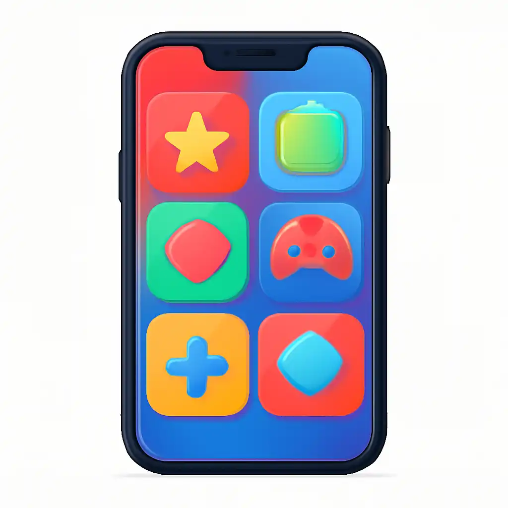 Smartphone shown from the front displaying a colourful flat layout of abstract game icons and rounded tiles (no text, no letters, no labels), Old Results and Finding a Past Draw