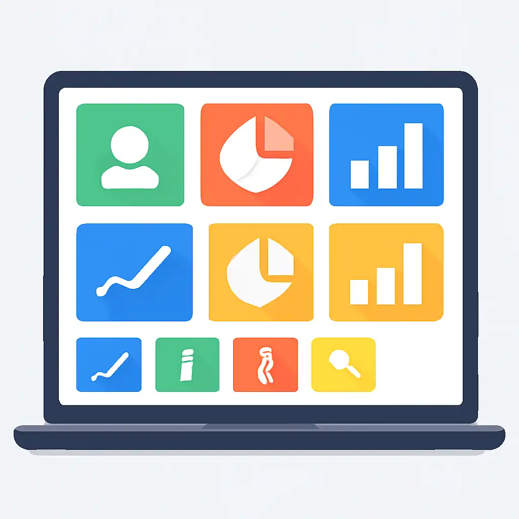 Laptop shown from the front displaying a colourful flat dashboard of abstract charts, bars and icon tiles (no text, no letters, no labels), Old Results and Finding a Past Draw