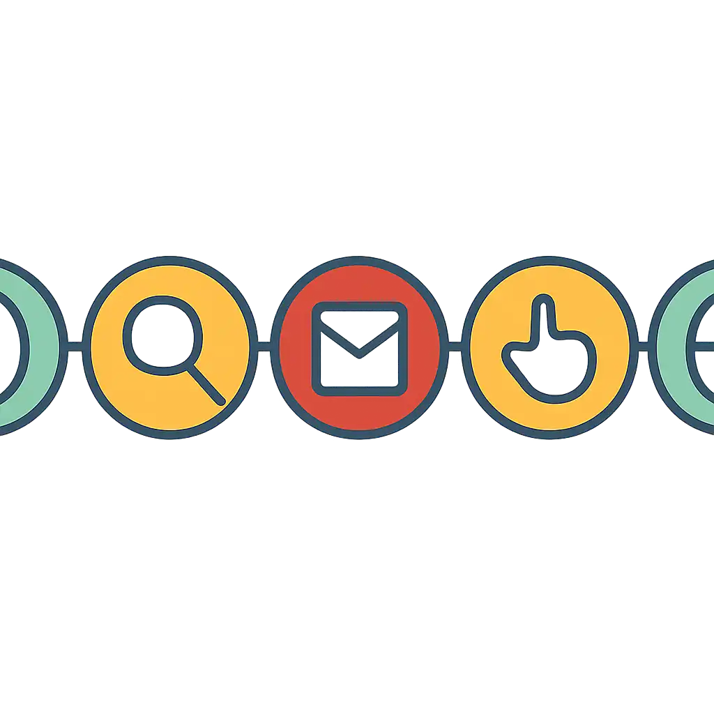 Five numbered circular icons connected by arrows in a horizontal flow, flat illustration, icons only, no words, Old Results and Finding a Past Draw steps