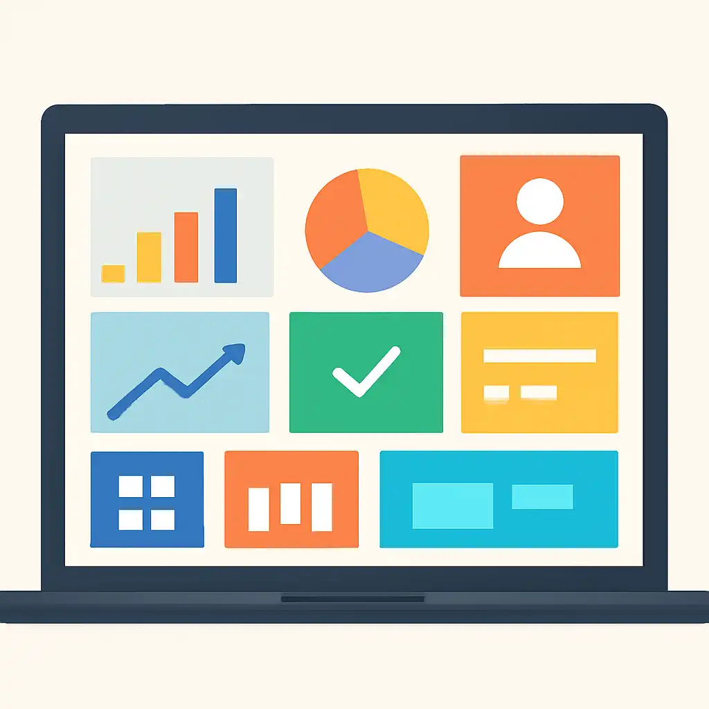 Laptop shown from the front displaying a colourful flat dashboard of abstract charts, bars and icon tiles, Old Results and