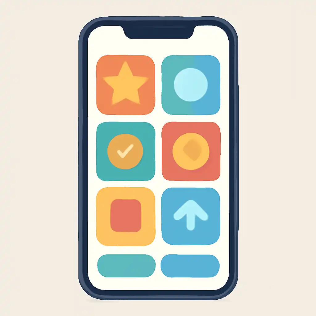 Smartphone shown from the front displaying a colourful flat layout of abstract game icons and rounded tiles (no text, no letters, no labels), Prize Tiers, Claim Process and Deadlines