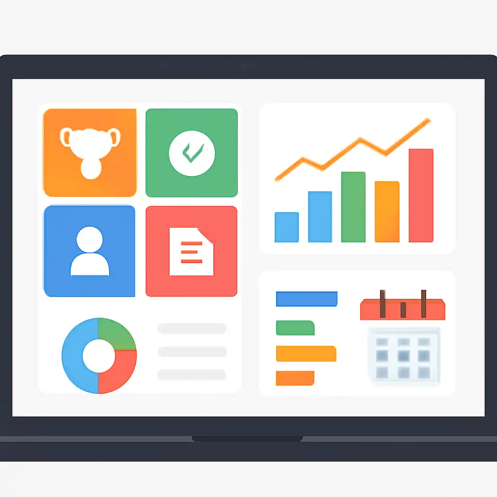 Laptop shown from the front displaying a colourful flat dashboard of abstract charts, bars and icon tiles (no text, no letters, no labels), Prize Tiers, Claim Process and Deadlines