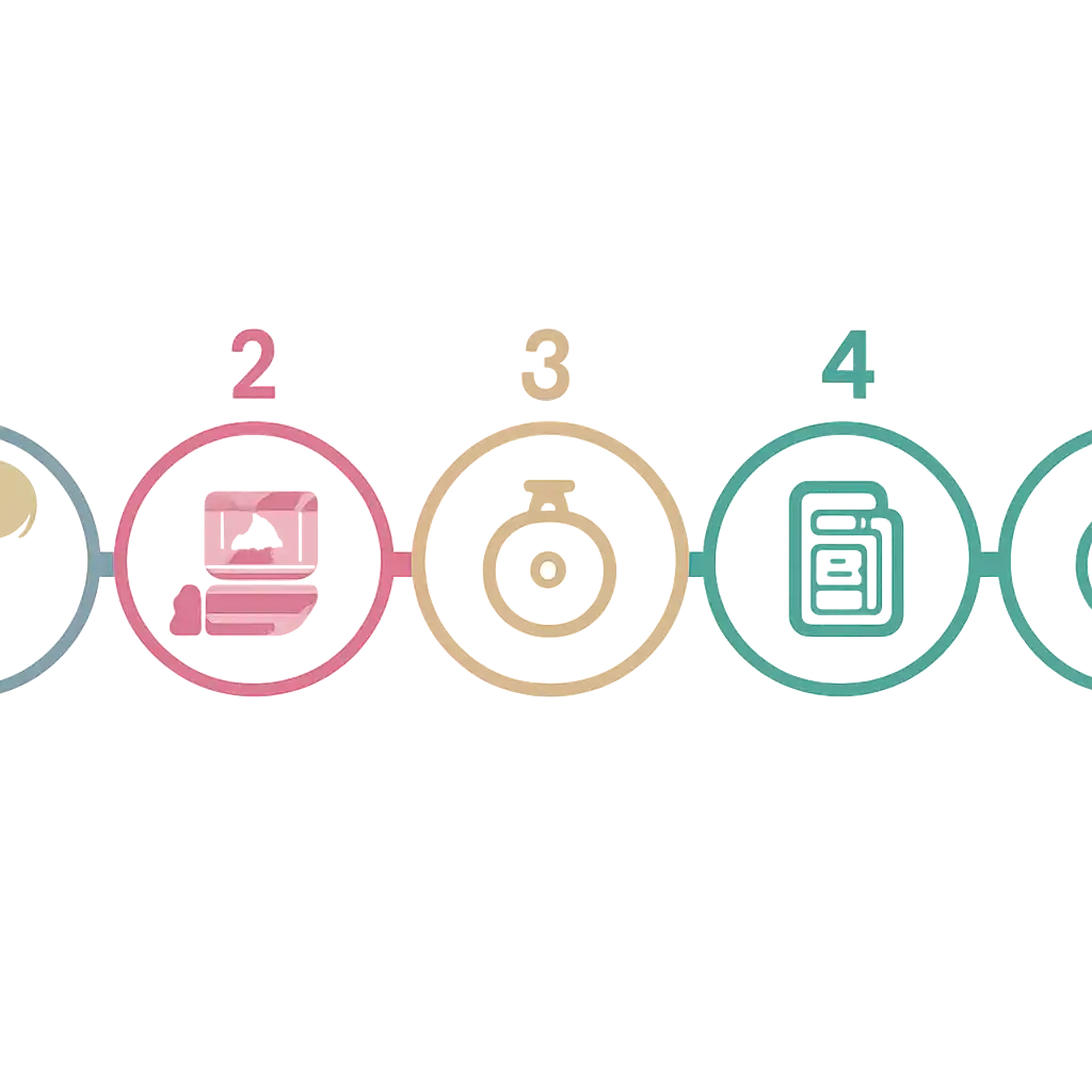 Five numbered circular icons connected by arrows in a horizontal flow, flat illustration, icons only, no words, Prize Tiers, Claim Process and Deadlines steps