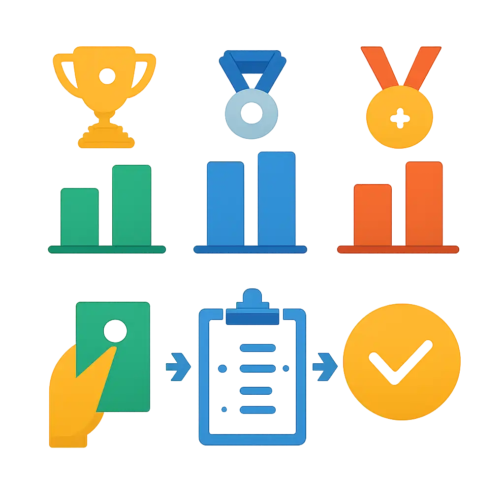 Infographic comparing options using coloured bars and icons only, no text or labels, flat design, Prize Tiers, Claim Process and Deadlines
