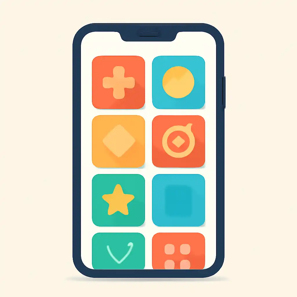 Smartphone shown from the front displaying a colourful flat layout of abstract game icons and rounded tiles (no text, no letters, no labels), Checking a Ticket Number Against the Official Result PDF