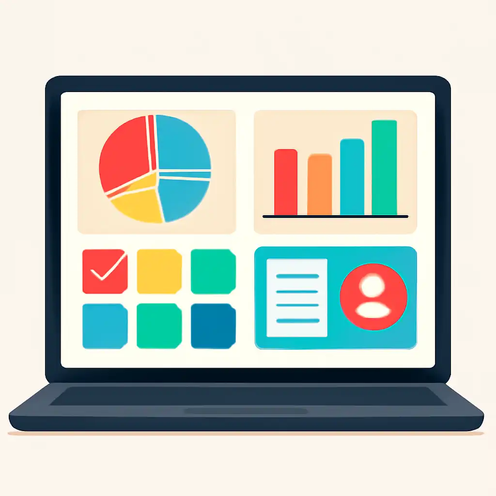 Laptop shown from the front displaying a colourful flat dashboard of abstract charts, bars and icon tiles (no text, no letters, no labels), Checking a Ticket Number Against the Official Result PDF