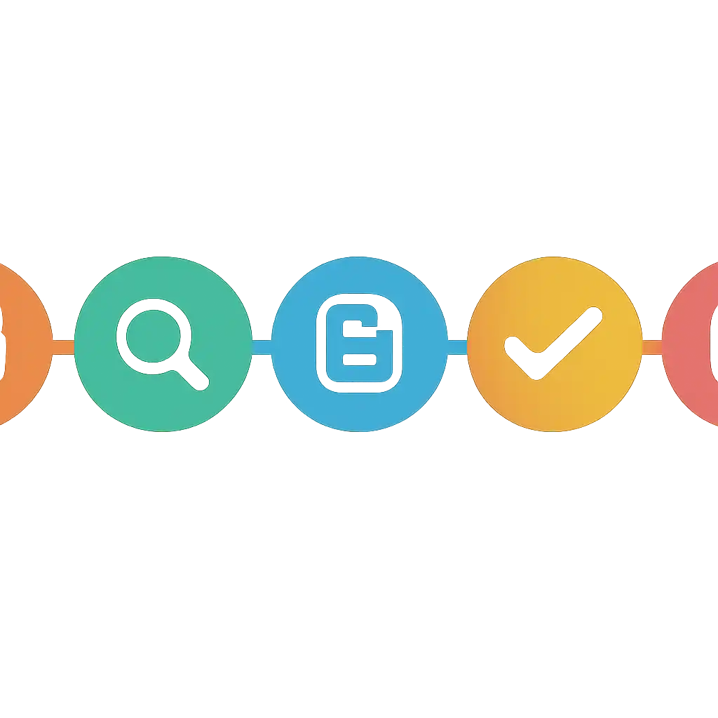 Five numbered circular icons connected by arrows in a horizontal flow, flat illustration, icons only, no words, Checking a Ticket Number Against the Official Result PDF steps
