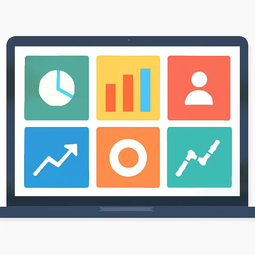 Laptop shown from the front displaying a colourful flat dashboard of abstract charts, bars and icon tiles, Today's Nagaland