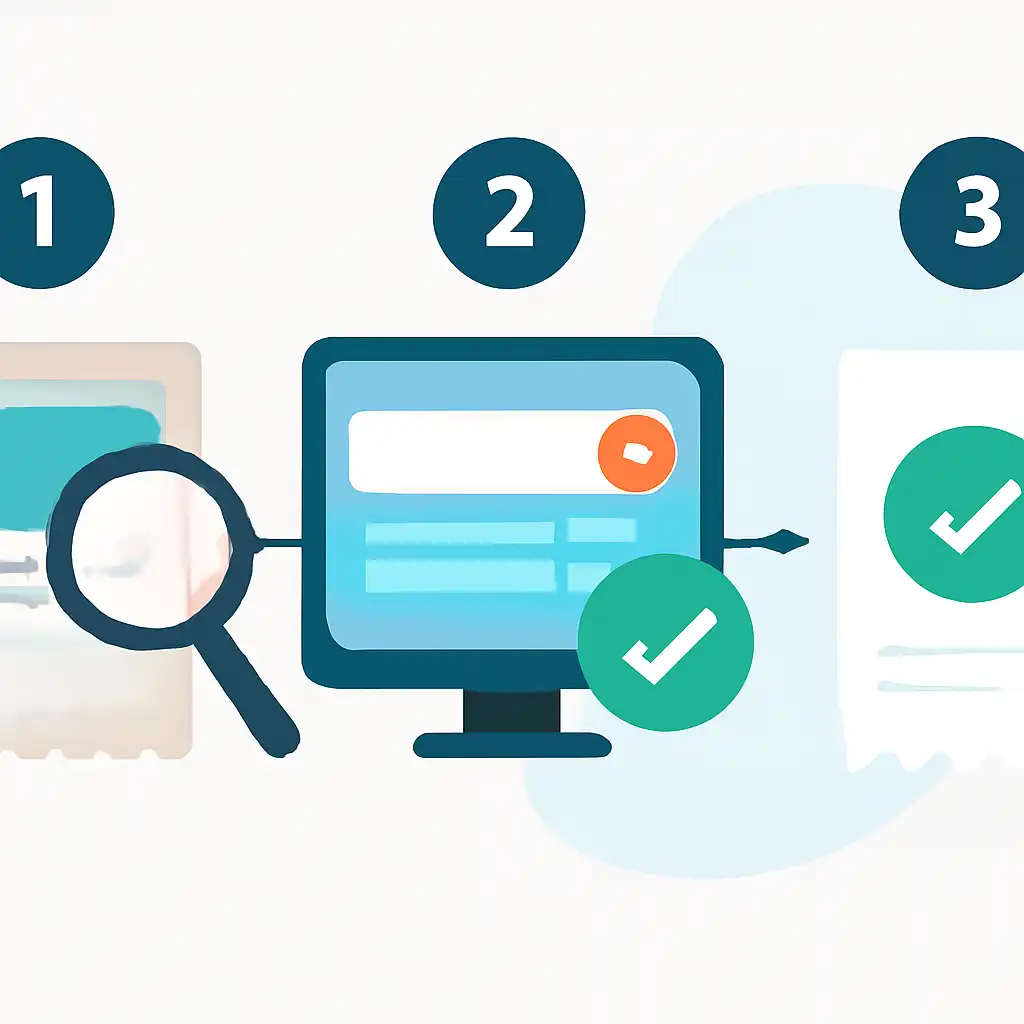 Annotated step diagram: checking a ticket number process with numbered callouts